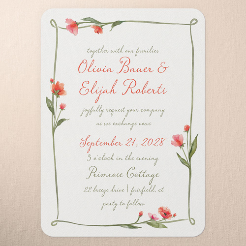 Watercolor Wildflowers Wedding Invitation, Red, 5x7 Flat, 100% Recycled Cardstock , Rounded, Red