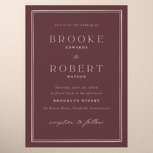 Luminous Border Wedding Invitation, none, Red, 5x7 Flat, 100% Recycled Cardstock , Square, Rich Burgundy