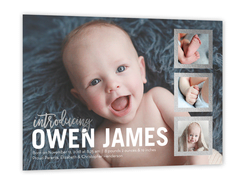 Shimmering Introduction Birth Announcement, Silver Foil, Matte, Signature Smooth Cardstock, Square