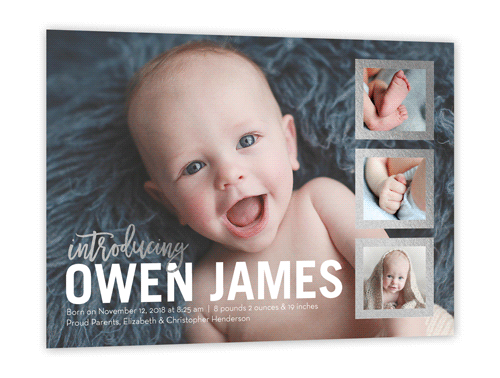 Shimmering Introduction Birth Announcement, Silver Foil, Signature Smooth Cardstock, Square