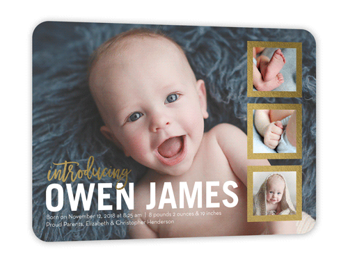 Shimmering Introduction Birth Announcement, Gold Foil, Matte, Signature Smooth Cardstock, Rounded