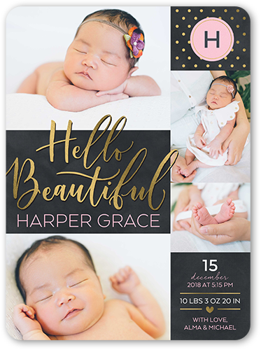 Hello Script Girl Birth Announcement, Grey, Pearl Shimmer Cardstock, Rounded