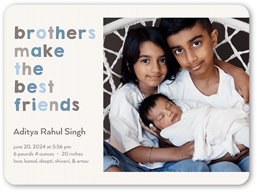 Best Friends Brothers Birth Announcement, Grey, 6x8, Pearl Shimmer Cardstock, Rounded
