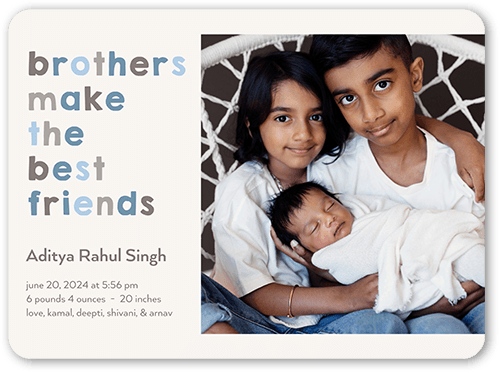 Best Friends Brothers Birth Announcement, Grey, 6x8 Flat, 100% Recycled Cardstock , Rounded, Whisper Gray