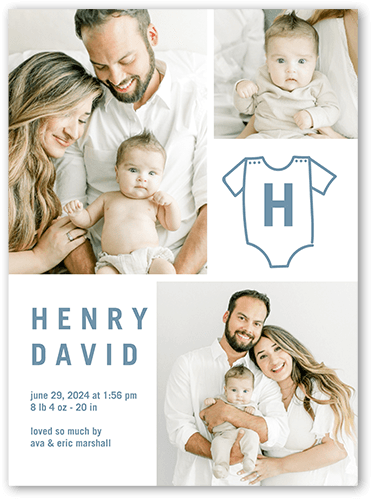 Monogram Onesie Birth Announcement, White, 6x8 Flat, Signature Smooth Cardstock, Square, White