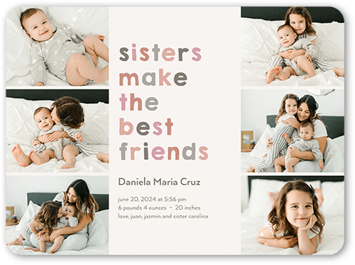 Best Friends Sisters Birth Announcement, Grey, 6x8 Flat, Matte, Signature Smooth Cardstock, Rounded