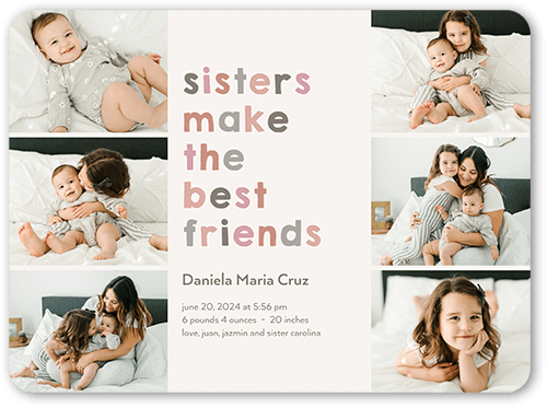 Best Friends Sisters Birth Announcement, Grey, 6x8 Flat, 100% Recycled Cardstock , Rounded