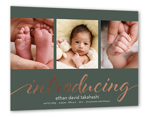 Shining Introductions Birth Announcement, Rose Gold Foil, Green, 6x8 Flat, Luxe Double-Thick Cardstock, Square