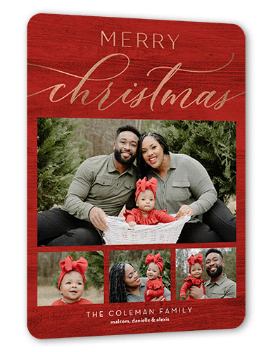 Rustic Festive Moments Holiday Card, Red, Rose Gold Foil, 6x8 Flat, Christmas, Signature Smooth Cardstock, Rounded, Red