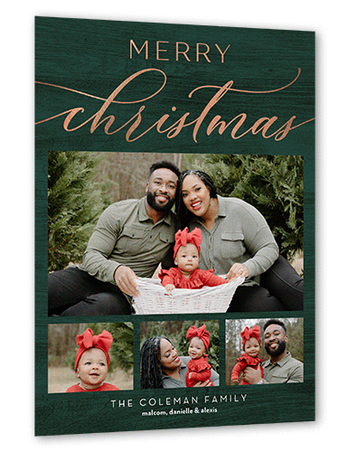 Rustic Festive Moments Holiday Card, Green, Rose Gold Foil, 6x8 Flat, Christmas, Luxe Double-Thick Cardstock, Square
