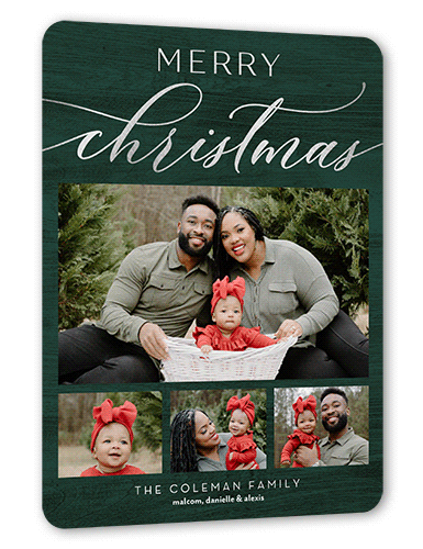 Rustic Festive Moments Holiday Card, Green, Silver Foil, 6x8 Flat, Christmas, Signature Smooth Cardstock, Rounded, Green