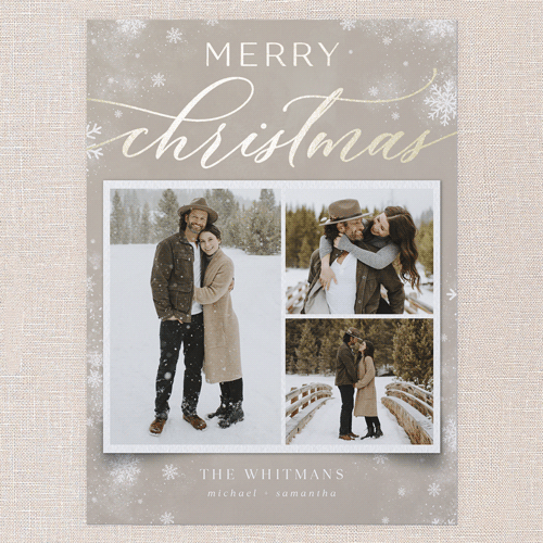 Stunning Snowfall Holiday Card, Beige, Gold Foil, 6x8 Flat, Christmas, Signature Smooth Cardstock, Square, Sandstone