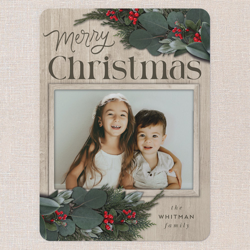 Framed Evergreen Holiday Card, Beige, 6x8 Flat, Christmas, Signature Smooth Cardstock, Rounded, Beige