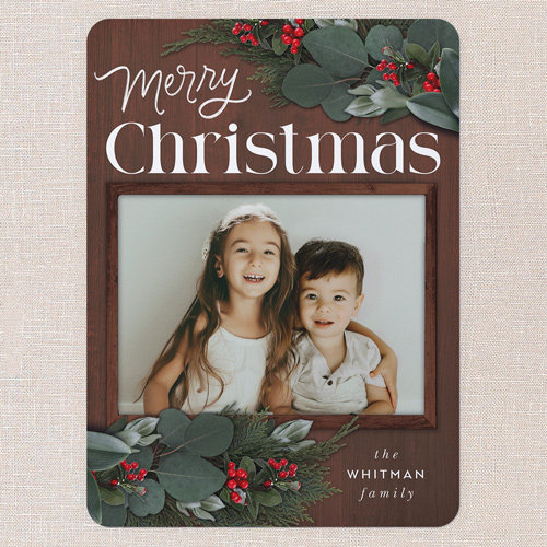 Framed Evergreen Holiday Card, Brown, 6x8 Flat, Christmas, Signature Smooth Cardstock, Rounded, Chocolate