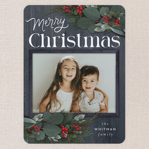 Framed Evergreen Holiday Card, Blue, 6x8 Flat, Christmas, Signature Smooth Cardstock, Rounded, Blue