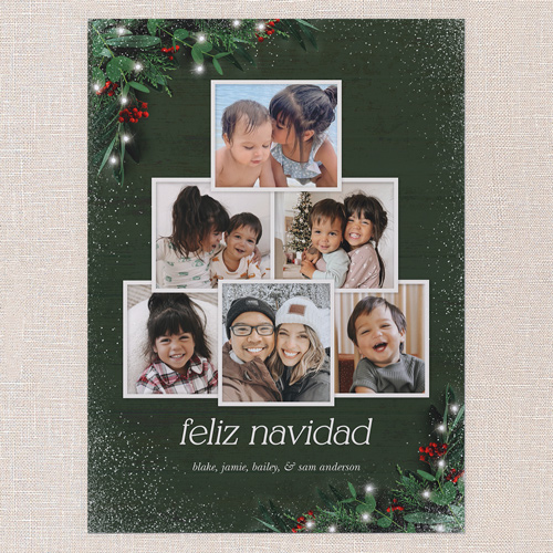 Botanical Photo Tree Holiday Card, Green, 6x8 Flat, Feliz Navidad, Pearl Shimmer Cardstock, Square, Pine