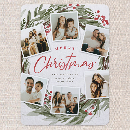 Wreath Photos Holiday Card, Grey, 6x8 Flat, Christmas, Pearl Shimmer Cardstock, Rounded, Whisper Gray