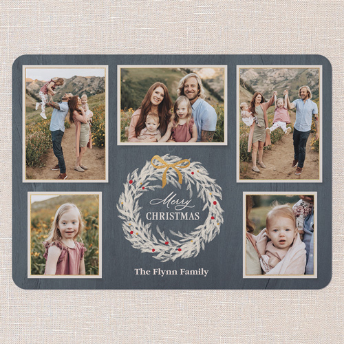 Wreath Gathering Holiday Card, Blue, 6x8 Flat, Christmas, Pearl Shimmer Cardstock, Rounded, Blue