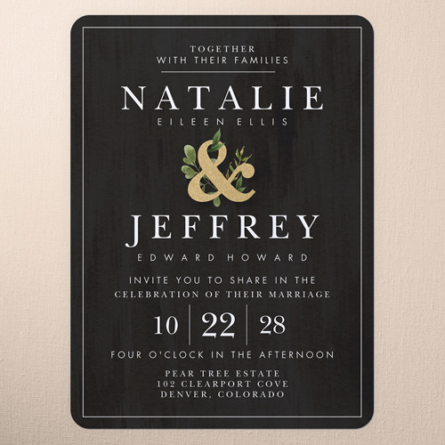 Verdant Union Wedding Invitation, Black, 6x8 Flat, Pearl Shimmer Cardstock, Rounded