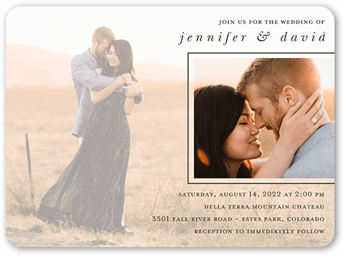 Layered Photos Wedding Invitation, White, 6x8 Flat, Pearl Shimmer Cardstock, Rounded