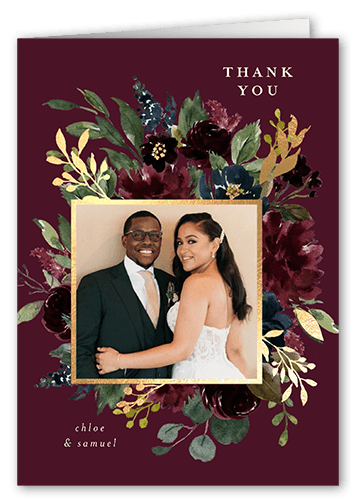 Bouquet Garland Wedding Thank You Card, Purple, 3x5, Matte, Folded Smooth Cardstock