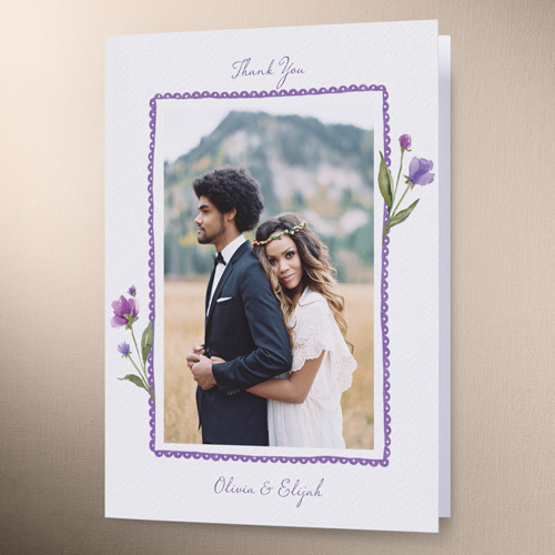 Watercolor Wildflowers Wedding Thank You Card, Purple, 3x5, Matte, Folded Smooth Cardstock, Baroque