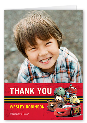 Disney-Pixar Cars Racetrack Thank You Card, Red, Matte, Folded Smooth Cardstock, Red