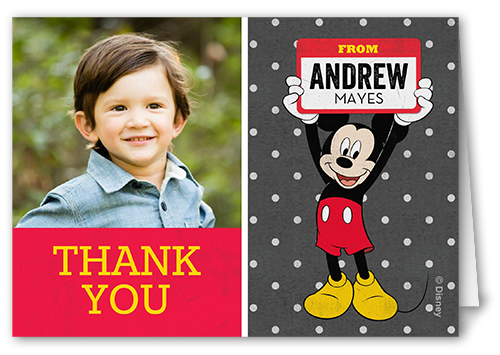 Disney Mickey Mouse Name Thank You Card, Red, Matte, Folded Smooth Cardstock