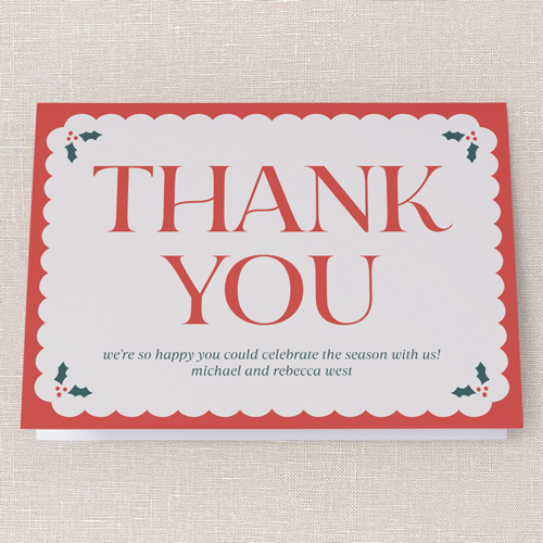 Holly Overlay Thank You Card, Red, 3x5, Matte, Folded Smooth Cardstock