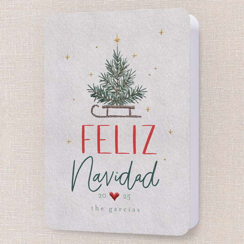 Embroidered Tree Holiday Card, Grey, 5x7 Folded, Feliz Navidad, Matte, Folded Smooth Cardstock, Rounded, Whisper Gray