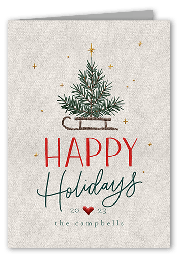 Embroidered Tree Holiday Card, Grey, 5x7 Folded, Holiday, Pearl Shimmer Cardstock, Square