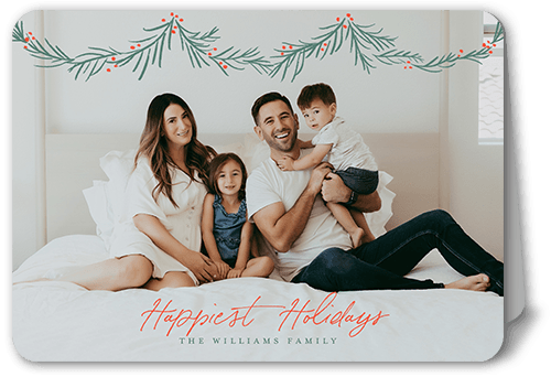 Holly Garland Holiday Card, Red, 5x7 Folded, Holiday, Pearl Shimmer Cardstock, Rounded