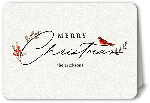 Bird and Holly Berry Holiday Card, White, 5x7 Folded, Christmas, Matte, Folded Smooth Cardstock, Rounded, White