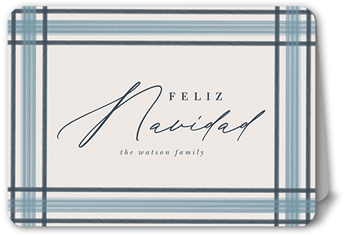 Brushed Plaid Border Holiday Card, Blue, 5x7 Folded, Feliz Navidad, Matte, Folded Smooth Cardstock, Rounded