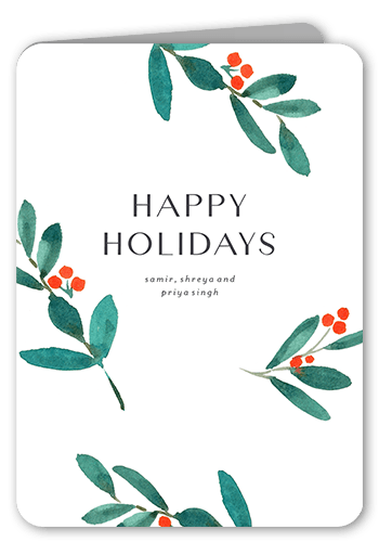 Watercolor Red Berries Holiday Card, White, 5x7 Folded, Holiday, Pearl Shimmer Cardstock, Rounded