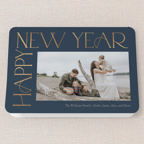 Side Serifs Holiday Card, Blue, 5x7 Folded, New Year, Pearl Shimmer Cardstock, Rounded, Deep Sea