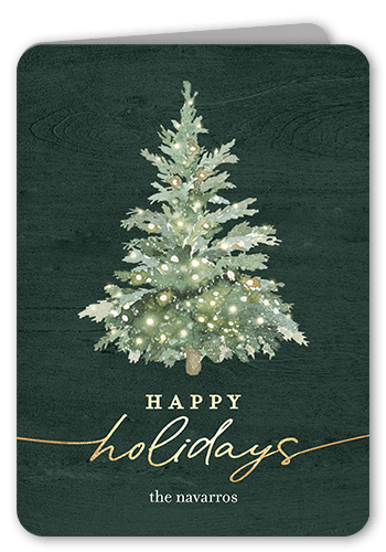 Watercolor Tree Holiday Card, Green, 5x7 Folded, Holiday, Pearl Shimmer Cardstock, Rounded