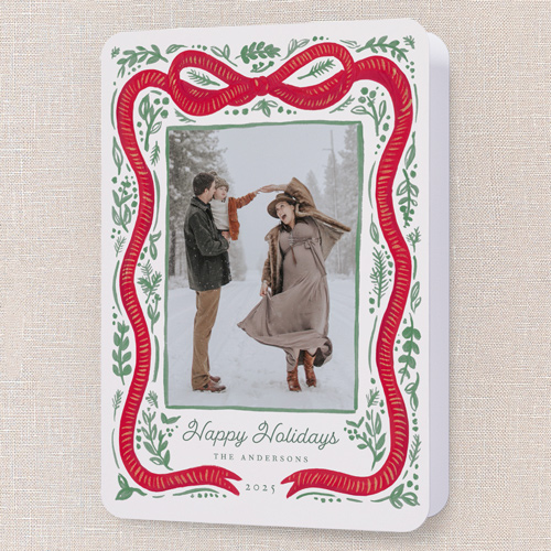 Vintage Bow Holiday Card, Green, 5x7 Folded, Holiday, Pearl Shimmer Cardstock, Rounded, Leafy