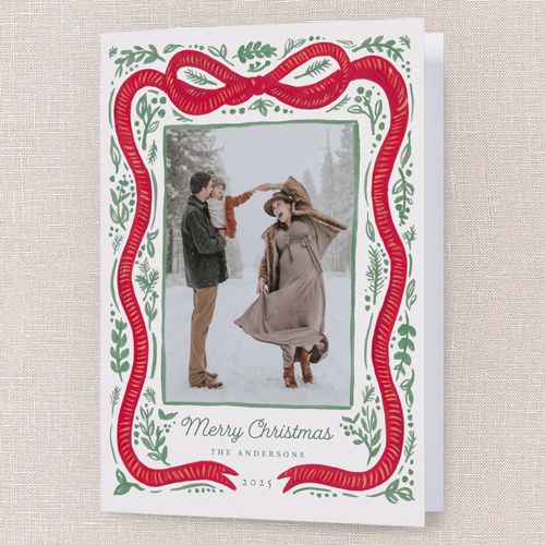 Vintage Bow Holiday Card, Green, 5x7 Folded, Christmas, Pearl Shimmer Cardstock, Square, Leafy