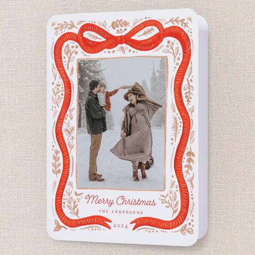 Vintage Bow Holiday Card, Red, 5x7 Folded, Christmas, Pearl Shimmer Cardstock, Rounded