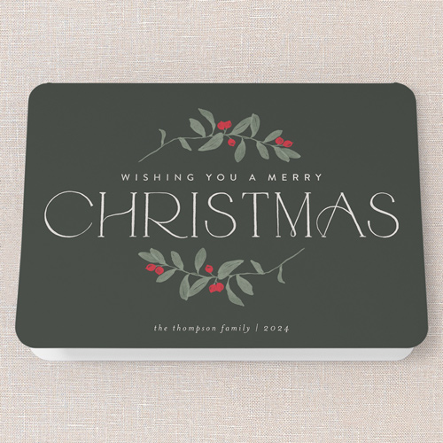 Enclosed Holly Holiday Card, Green, 5x7 Folded, Christmas, Pearl Shimmer Cardstock, Rounded, Evergreen
