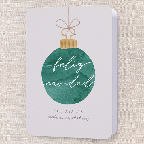 Warmhearted Watercolor Holiday Card, Green, 5x7 Folded, Feliz Navidad, Pearl Shimmer Cardstock, Rounded