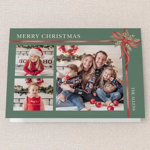 Classic Bow Holiday Card, Green, 5x7 Folded, Christmas, Pearl Shimmer Cardstock, Square, Avocado