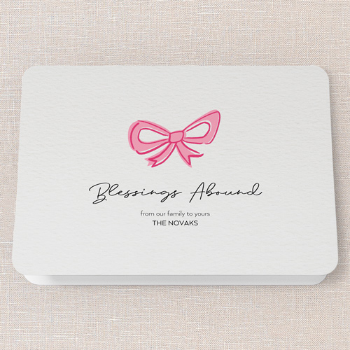 Joyful Bow Tidings Holiday Card, Pink, 5x7 Folded, Religious, Pearl Shimmer Cardstock, Rounded, Chenille