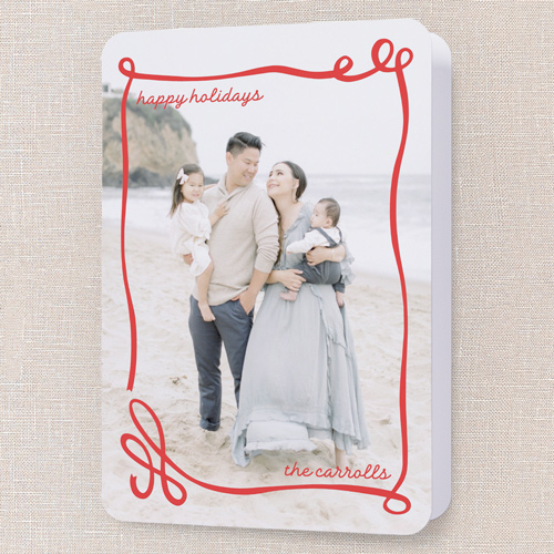 Joyful Ribbon Flourish Holiday Card, Red, 5x7 Folded, Write Your Own, Pearl Shimmer Cardstock, Rounded