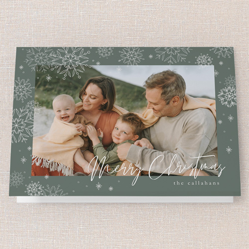 Faint Snowflakes Holiday Card, Green, 5x7 Folded, Christmas, Pearl Shimmer Cardstock, Square