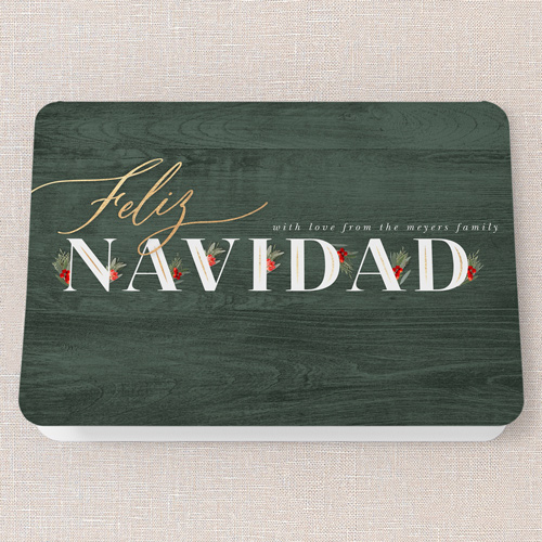 Hints Of Holly Holiday Card, Green, 5x7 Folded, Feliz Navidad, Pearl Shimmer Cardstock, Rounded, Green