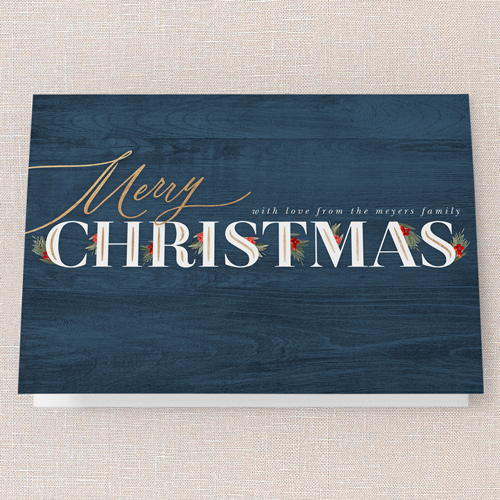 Hints Of Holly Holiday Card, Blue, 5x7 Folded, Christmas, Pearl Shimmer Cardstock, Square, Blue