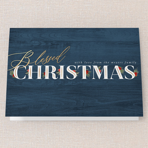 Hints Of Holly Holiday Card, Blue, 5x7 Folded, Religious, Matte, Folded Smooth Cardstock, Square, Blue