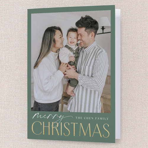 Merry Modern Tidings Holiday Card, Green, 5x7 Folded, Christmas, Pearl Shimmer Cardstock, Square